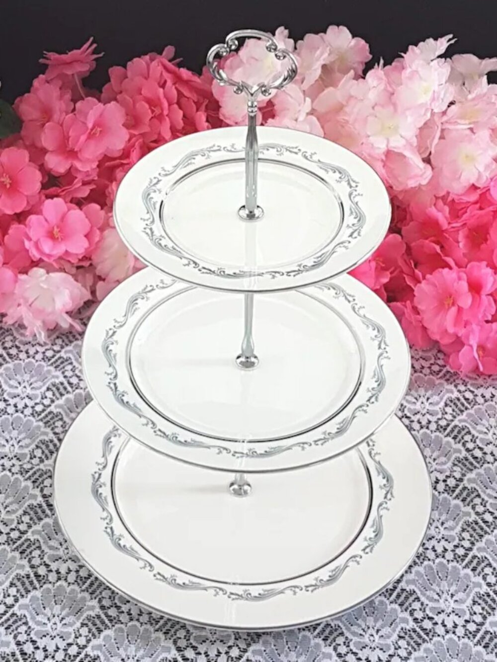 Vintage Aynsley Denver 3 Tier Cake Stand Bone China Silver Serving Tray Cupcake